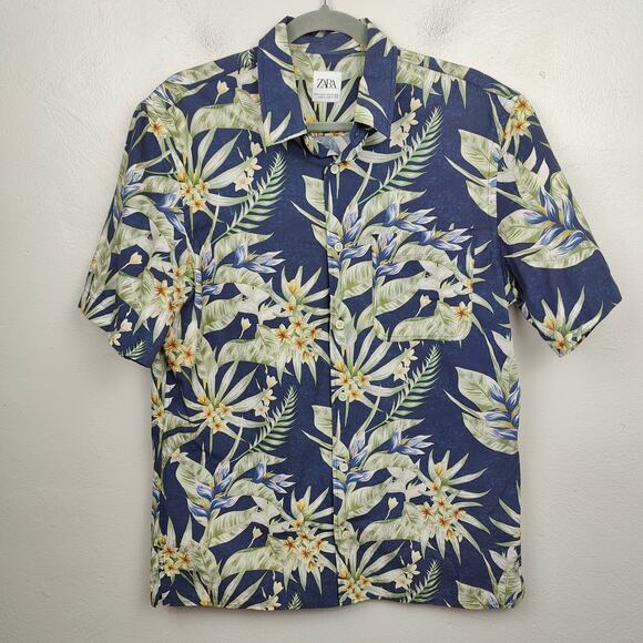 Zara Button Up Shirt Mens Medium Blue Floral Tropical Hawaiian Cotton Beach - Picture 1 of 8